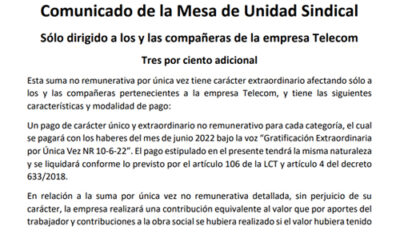 Comunicado dirigido a los y las compañeras de la empresa Telecom